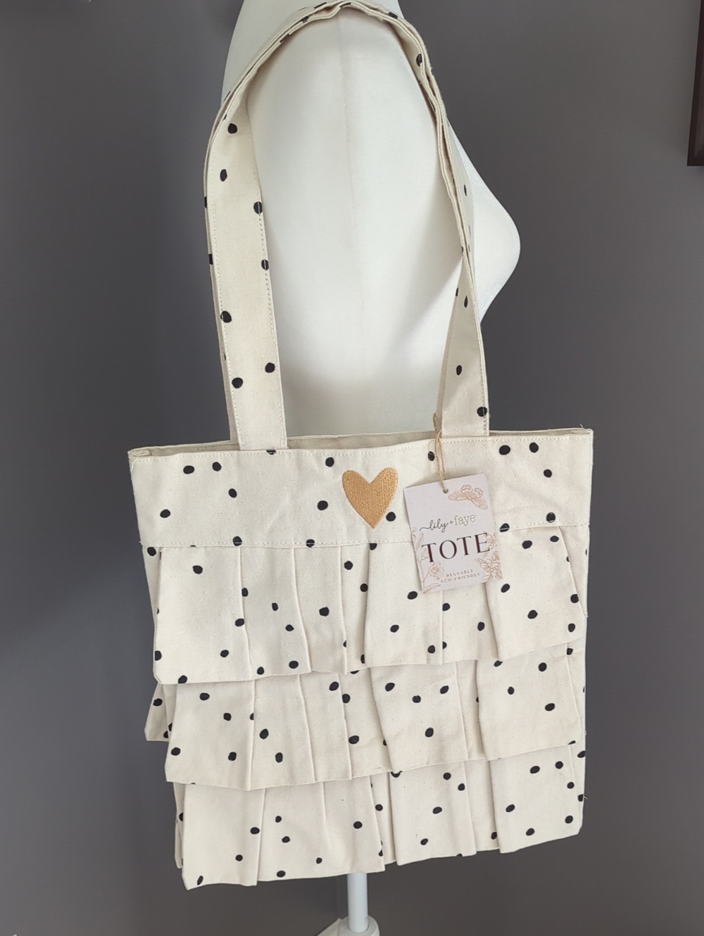 Cream Polka Dot Ruffle Tote Bag with Heart Accent